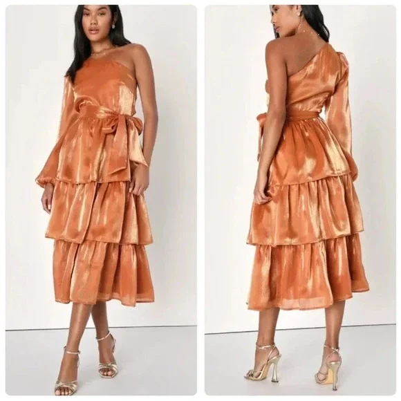 Lulus Sweet Excellence Shiny Rust Orange One-Shoulder Tiered Dress Medium NWT - Picture 1 of 15